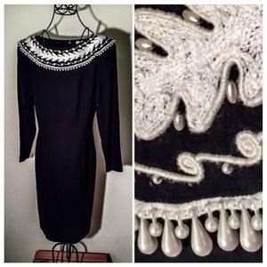 Small Pre owned W/love vintage black white beaded pearl midi fitted dress.